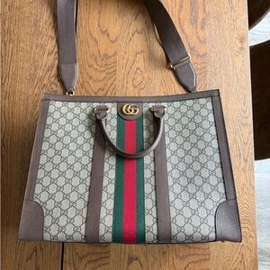 Gucci Beige and Brown Tote with Red and Green Stripe